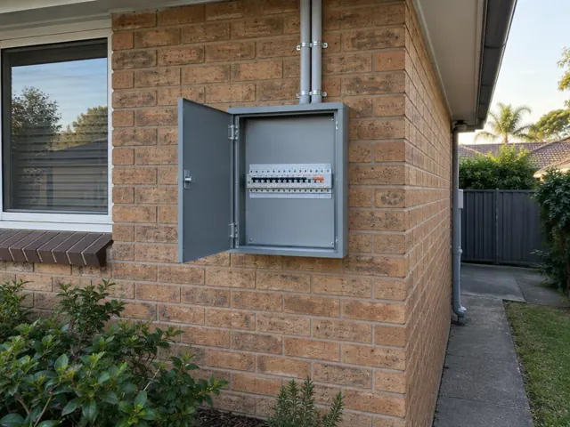 Open exterior switchboard on a brick house wall beside a window in Cromer
